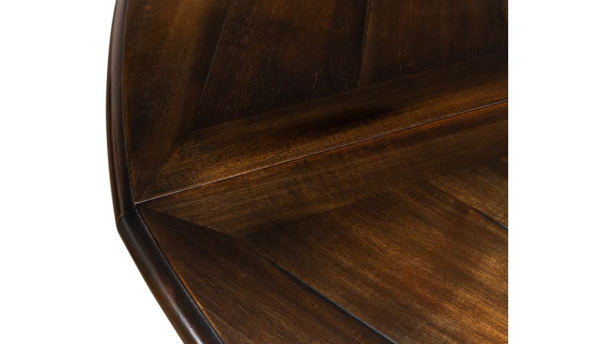 70 inches open. Jupe table with self storing leaves, Dark walnut