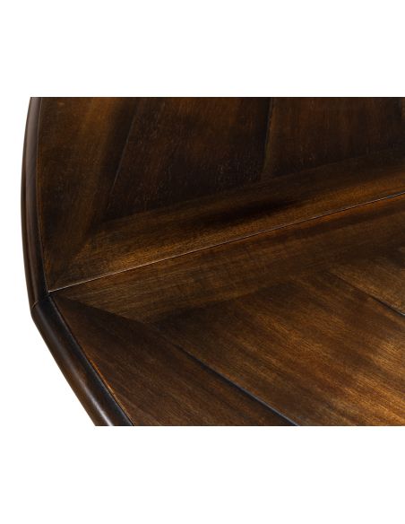 70 inches open. Jupe table with self storing leaves, Dark walnut