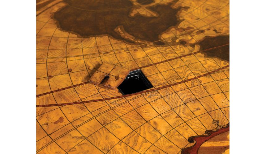 Intricate inlaid marquetry top in global map
