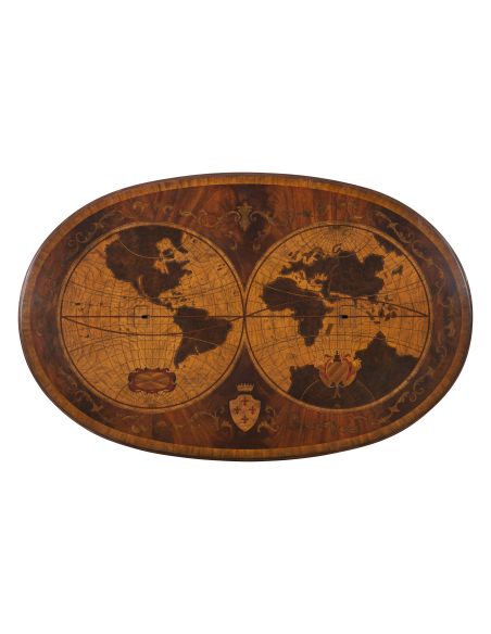 Intricate inlaid partners desk marquetry top in various veneers