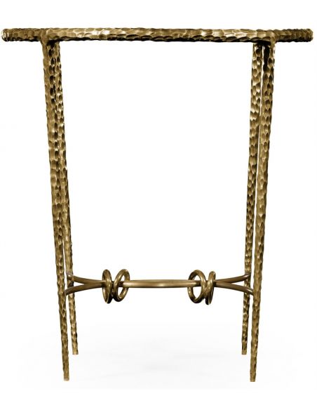 Patinated finish hammered brass circular side table.