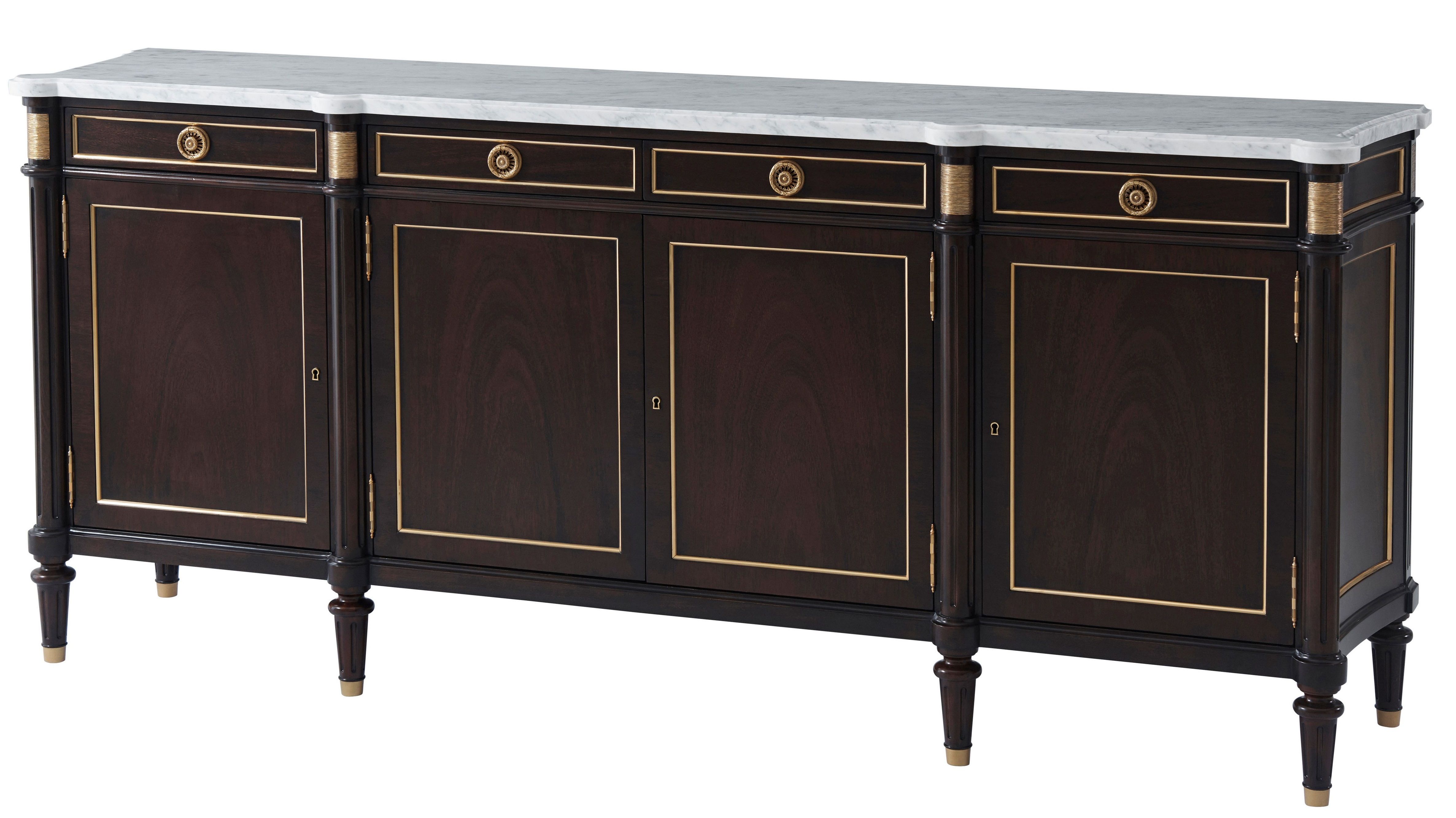This buffet sideboard has a Bianco Carrara marble top, fluted column uprights with cotton-reel cast capitals