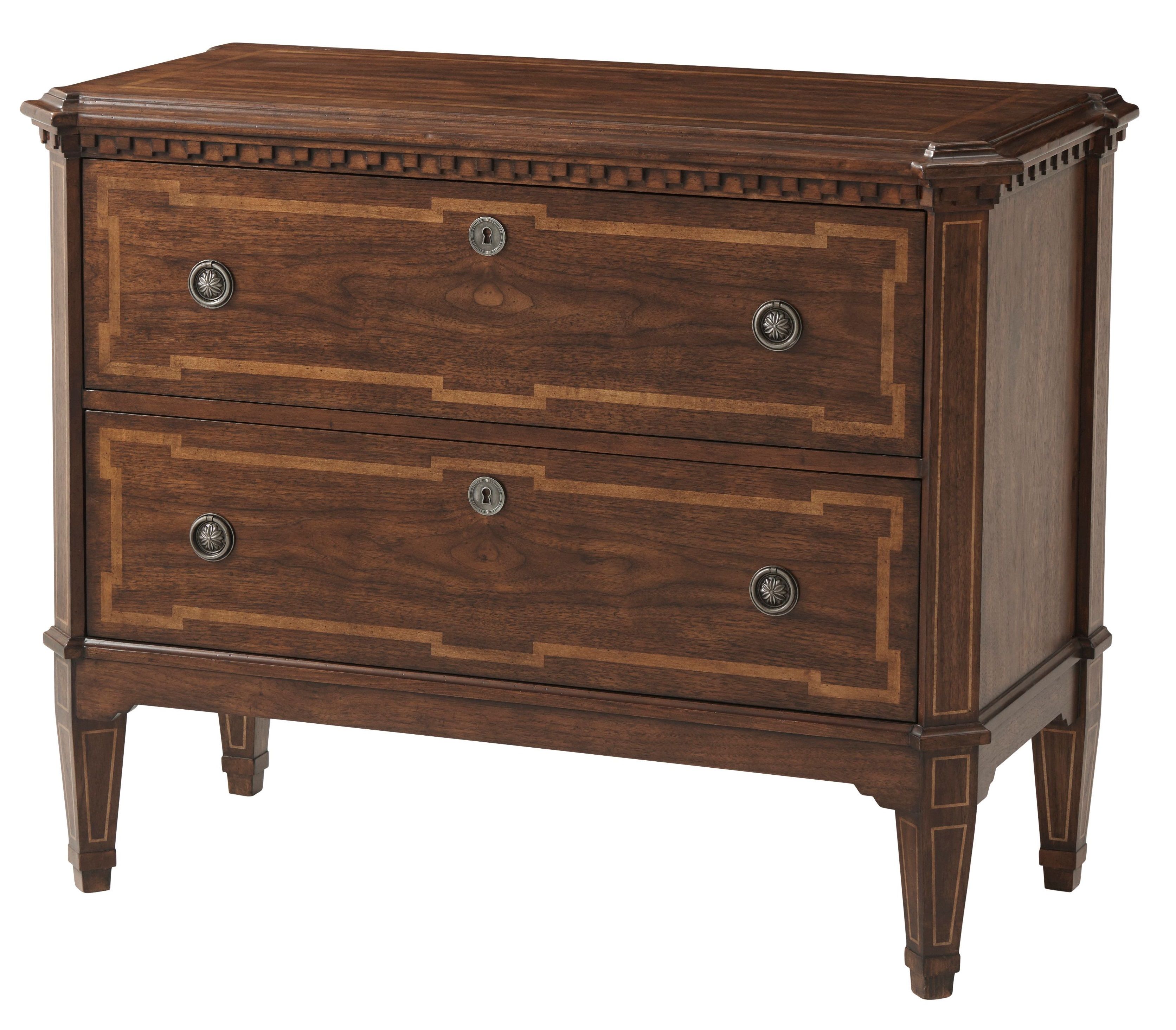 Beech veneer top with canted corners, dental molded frieze, two long drawers, pewter handles, and spade legs.