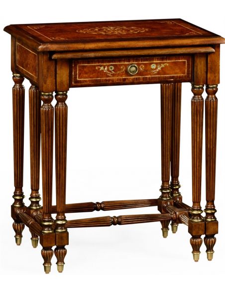 Burr and mother of pearl inlaid nest of two tables with carved legs