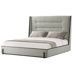 A horizontally tufted headboard with a mahogany frame and upholstered rails and footboard