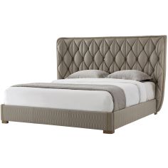 curved headboard with geometric tufting and brass finish buttons