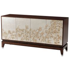 This is a buffet made of Hyedua wood veneer. It has a rectangular top and four silver Argento doors