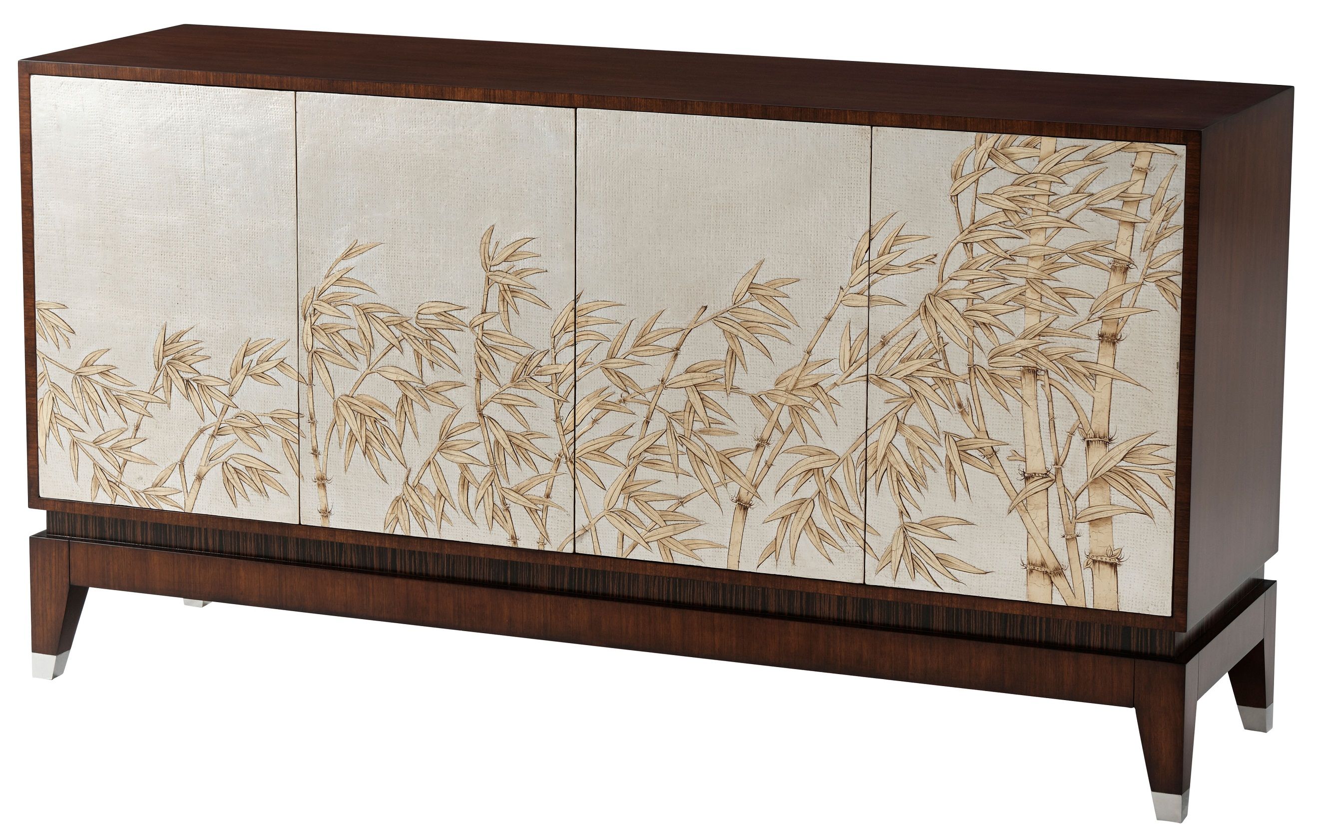 This is a buffet made of Hyedua wood veneer. It has a rectangular top and four silver Argento doors