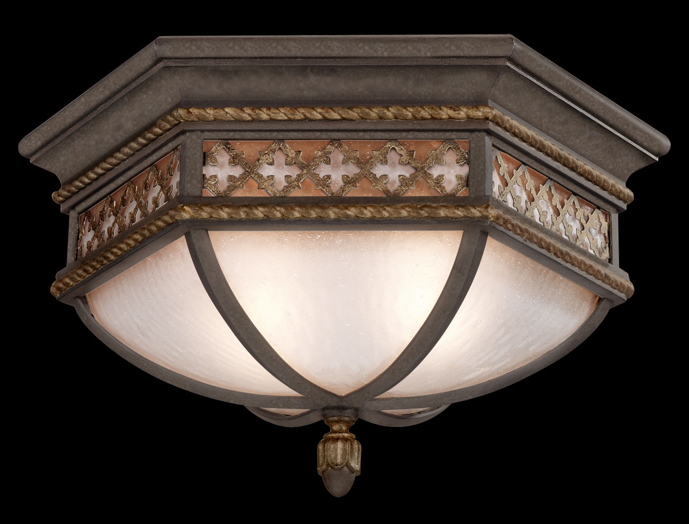 Lighting Large flush mount of solid brass featuring a variegated rich umber patina