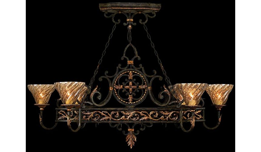 Lighting Island fixture in charred iron finish features intricate rosette