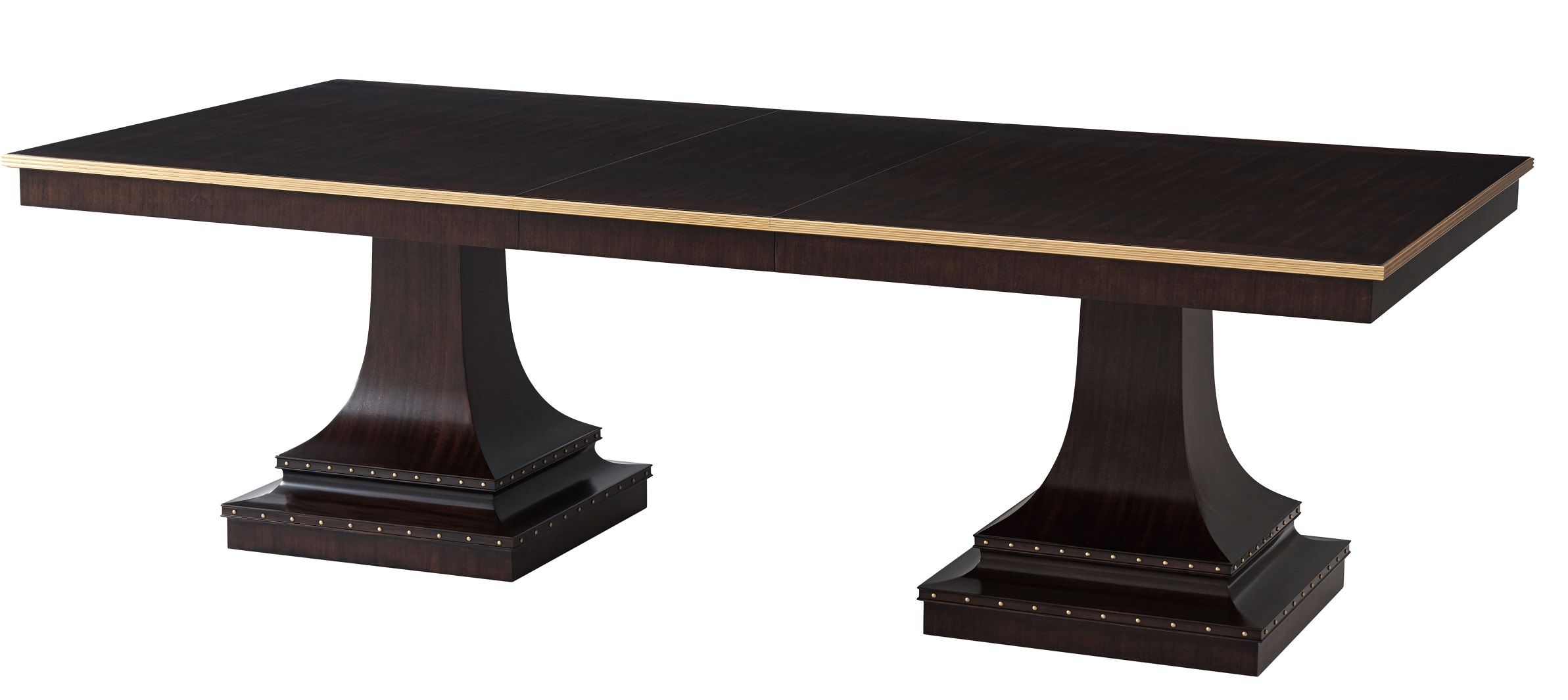 The Siena dining table is inspired by Italy. Mahogany veneer top with Hampton Brass edge