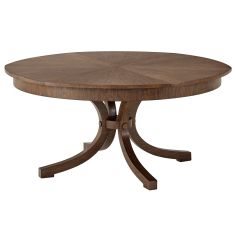 This round dining table has a transitional style, six pull-out sections, and six self-storing fold-out leaves