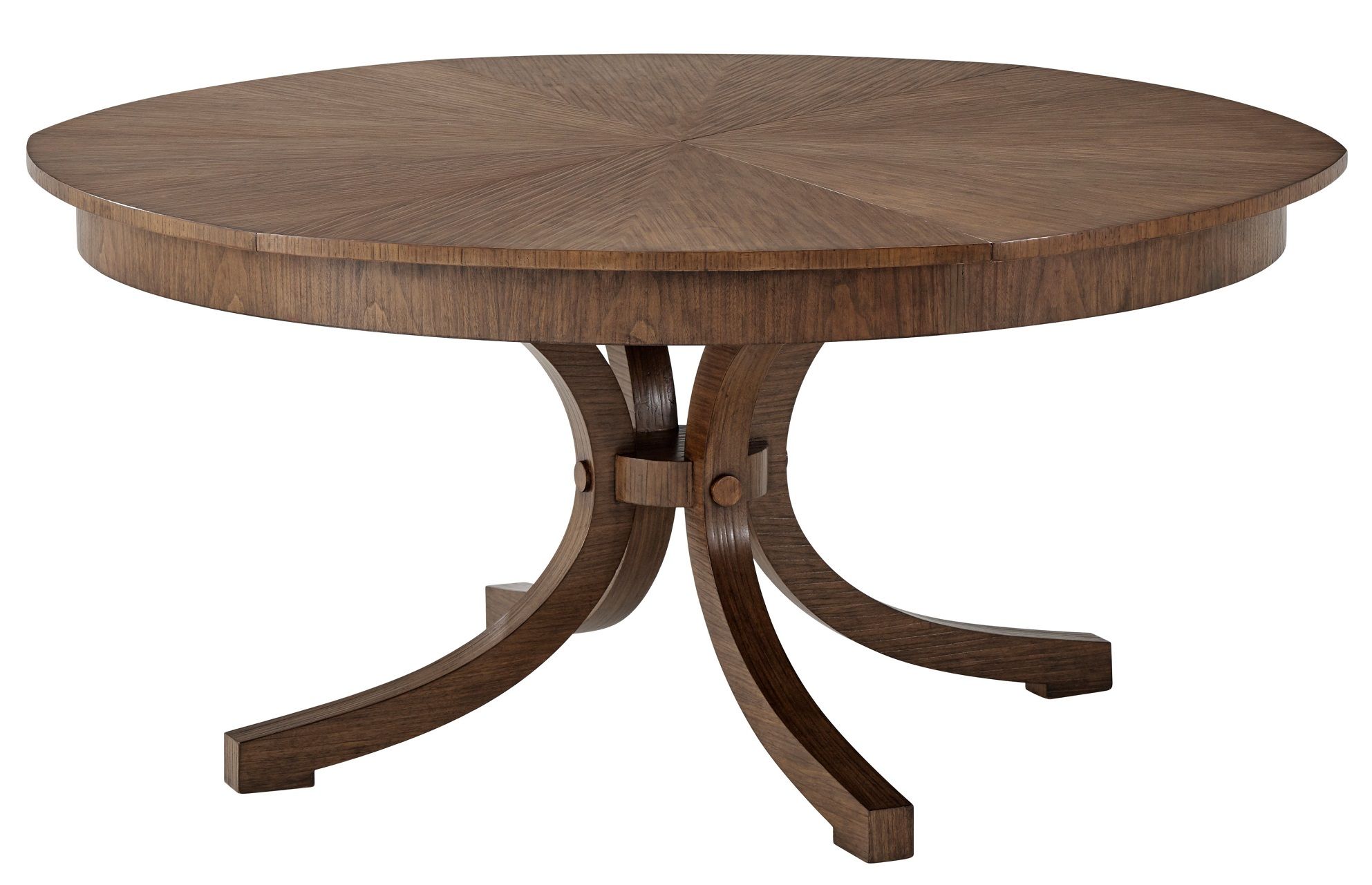 This round dining table has a transitional style, six pull-out sections, and six self-storing fold-out leaves