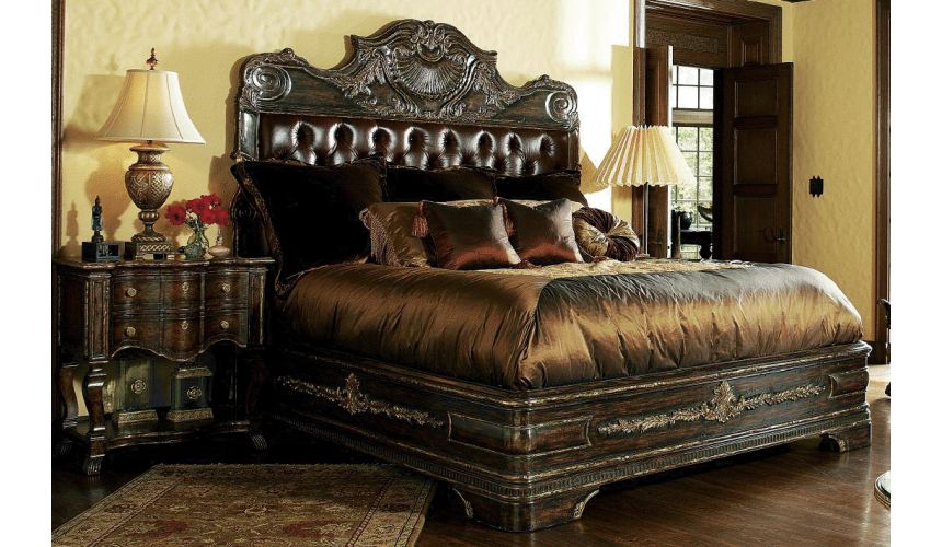 1 High End Master Bedroom Set Carvings, Leather Tufted Headboard Queen Bedroom Set