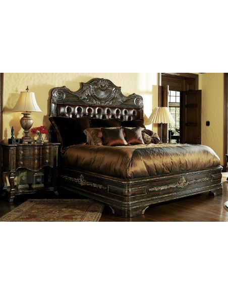 1 High end master bedroom set carvings and tufted leather headboard