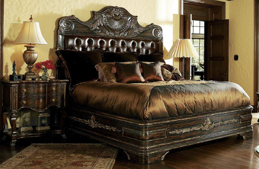 Carvings And Tufted Leather Headboard, Luxury Fabric King Bed Frame