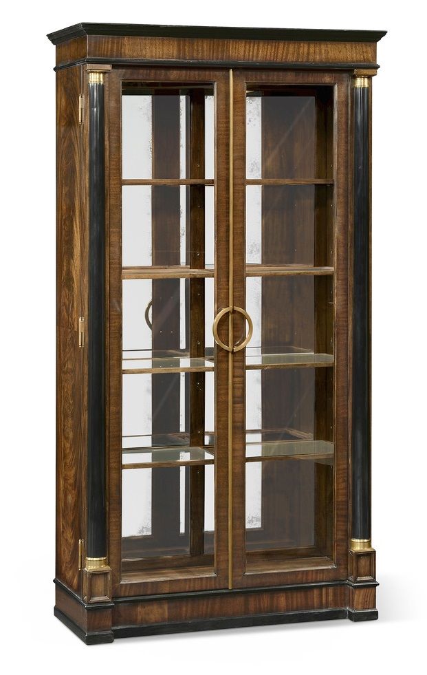 A Regency-style bookcase with adjustable shelves, internal lighting, and stylish brass handles.