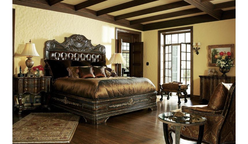 Carvings And Tufted Leather Headboard, Master King Bedroom Suite