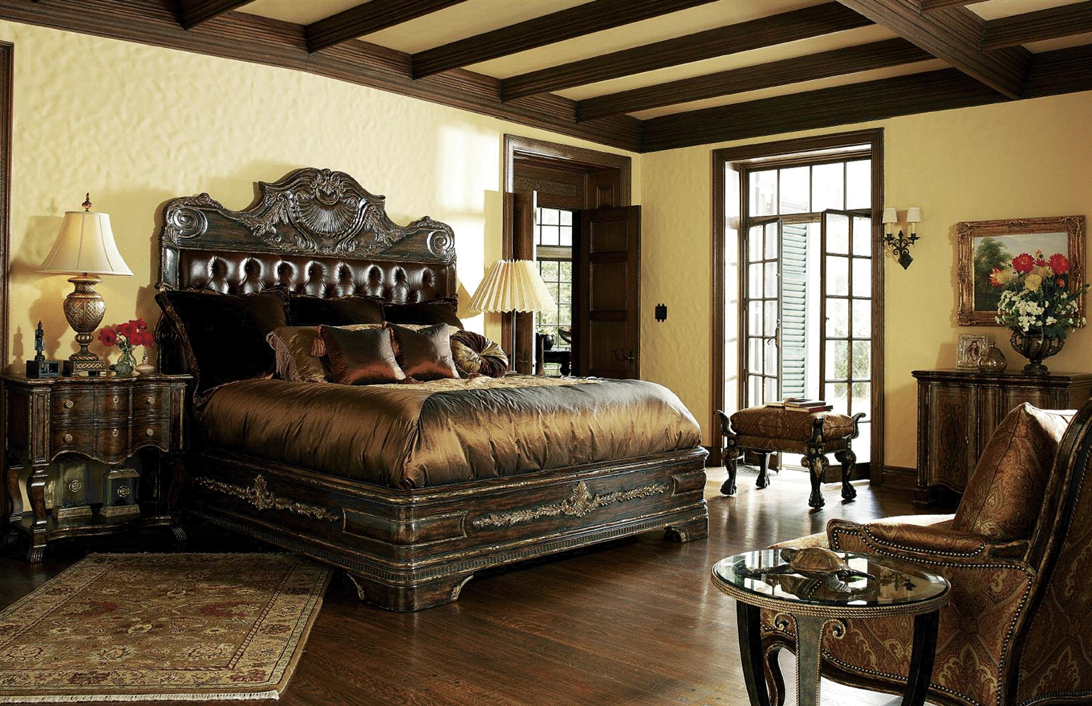 1 High end master bedroom set carvings and tufted leather ...