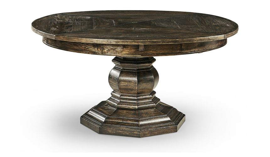 Walnut circular dining table with self-storing leaves