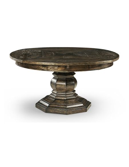 Walnut circular dining table with self-storing leaves