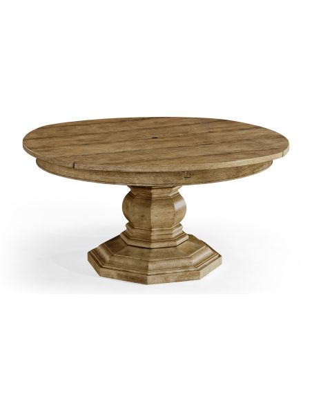 Light stain Walnut circular dining table with self-storing leaves