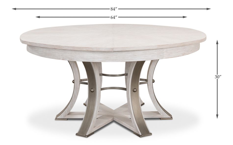 The extendable Tower Jupe Table, presented with six legs as its support base, is crafted with high-quality timber.