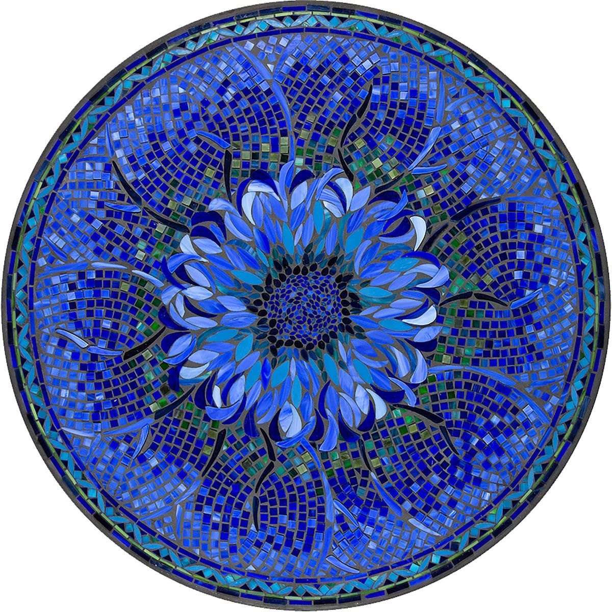 ﻿The design features a captivating blend of azure and neon blue depicting a blooming flower with detailed mosaic patterns.