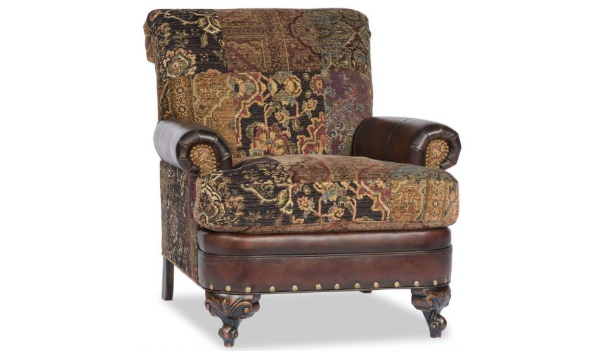 CHAIRS, Leather, Upholstered, Accent Tapestry Patchwork Arm Chair