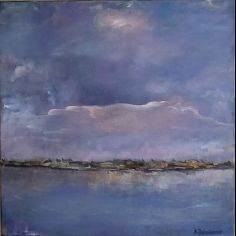 "Violet Skies" acrylic painting with metallic accents, signed in lower right corner.