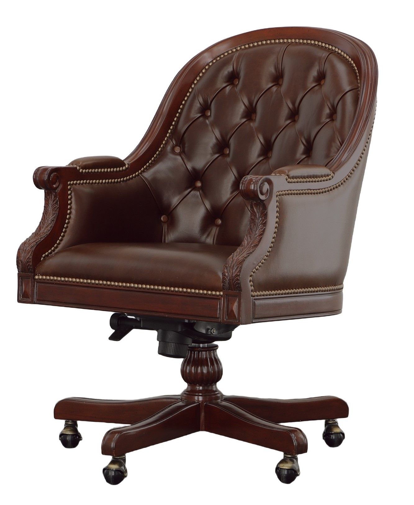 Chesterfield style buttoned and tufted brown leather desk chair with mahogany frame, fully adjustable and with castors