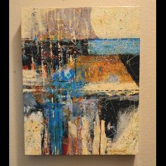 Acrylic painting titled "Harmony" features organic geometric shapes and calming colors, earth tones and shades of blues