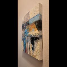 Acrylic painting titled "Harmony" features organic geometric shapes and calming colors, earth tones and shades of blues 2