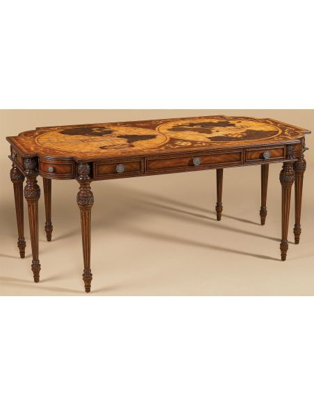 Aged Regency Finished Desk, Intricate Inlaid Marquetry Top in Various Veneers