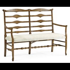Country-style walnut ladder back two-seat bench with shaped back rail