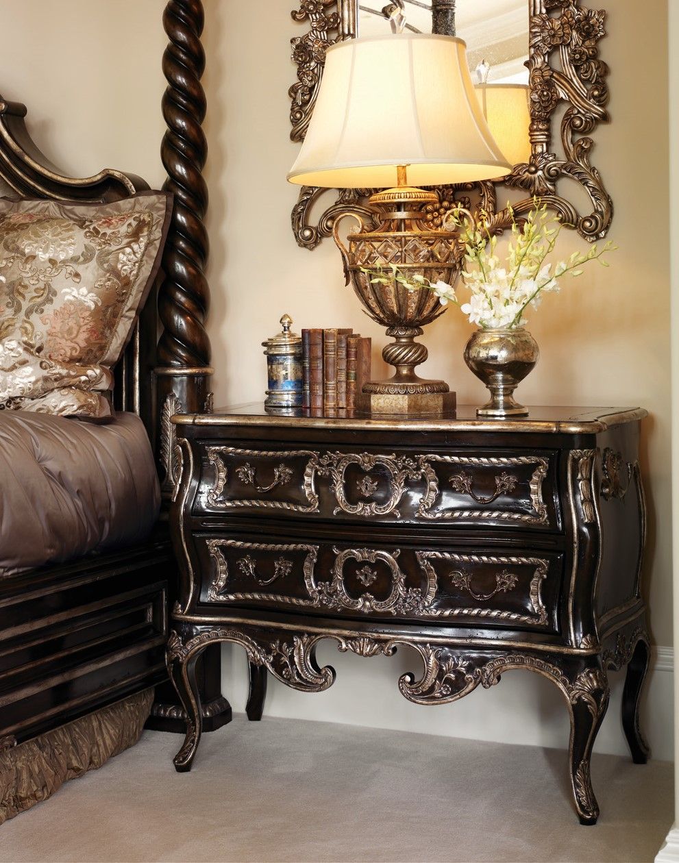 Classic French-style wood-carved nightstand