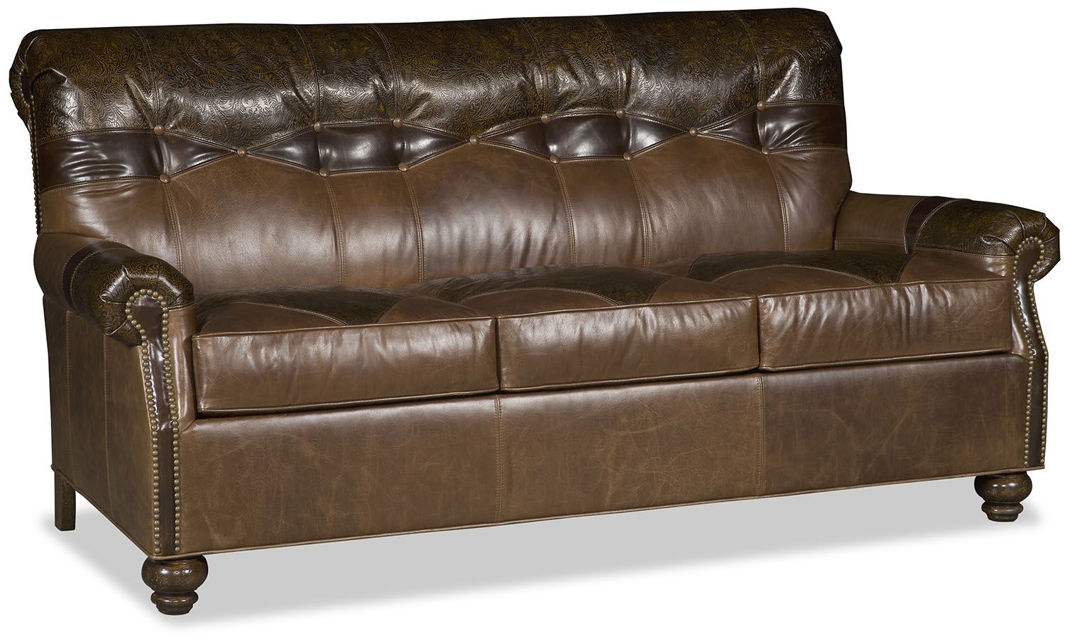 The sofa has leather patches made in the USA. It looks great and is great priced