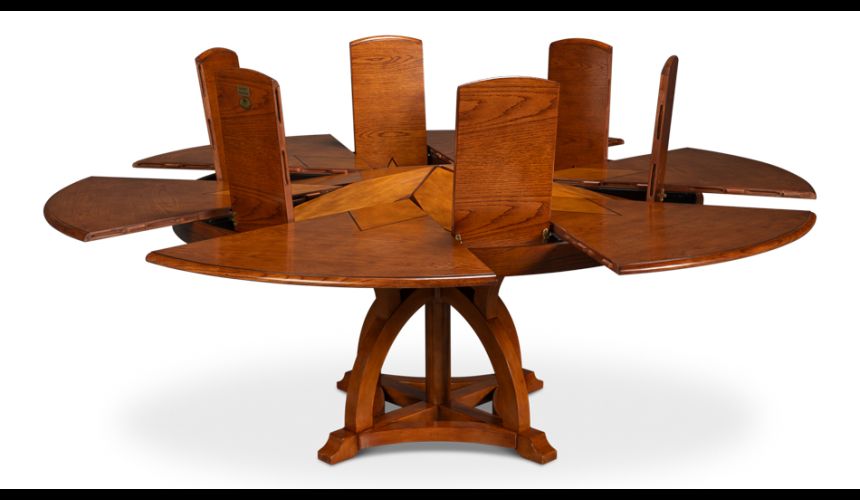 70 Jupe table self storing leaves, walnut, white oak center detail.