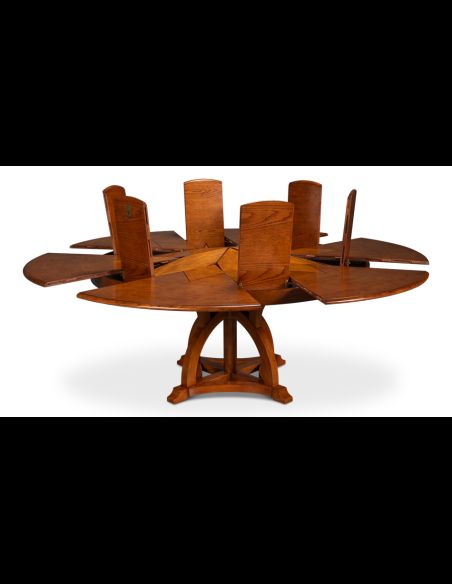 70 Jupe table self storing leaves, walnut, white oak center detail.