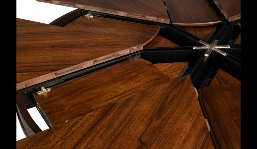 Large Jupe table with Palladio finish and stainless steel accents.