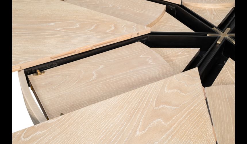 Bleached Oak color jupe table with textured iron details