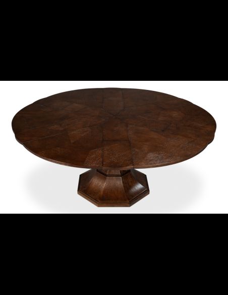 Round to round large extending table with self storing leaves