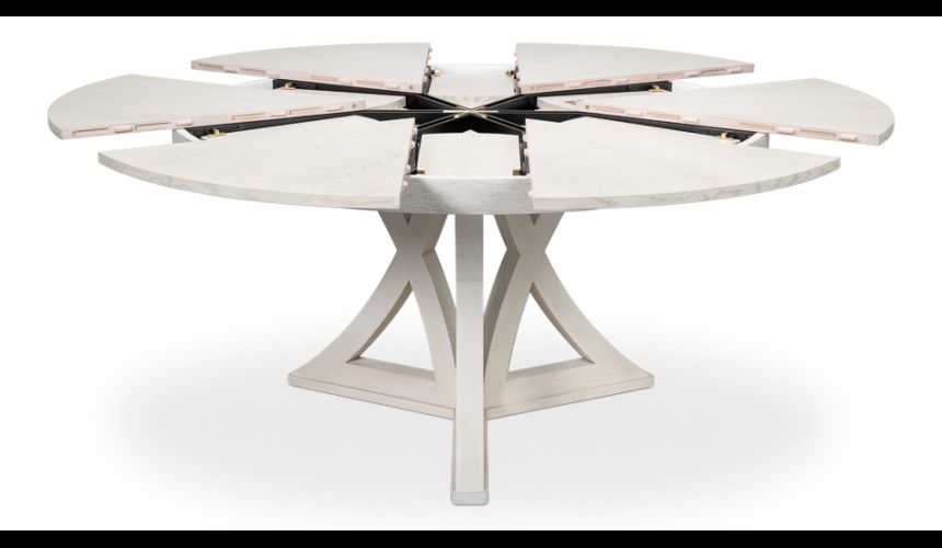 The Jupe table is a stunning combination of rustic and organic wood with a sleek geometric foundation finished in working white.