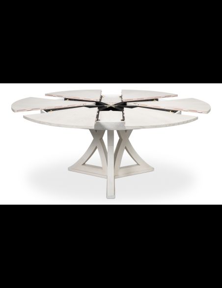 The Jupe table is a stunning combination of rustic and organic wood with a sleek geometric foundation finished in working white.