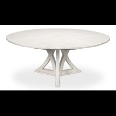 The Jupe table is a stunning combination of rustic and organic wood with a sleek geometric foundation finished in working white.