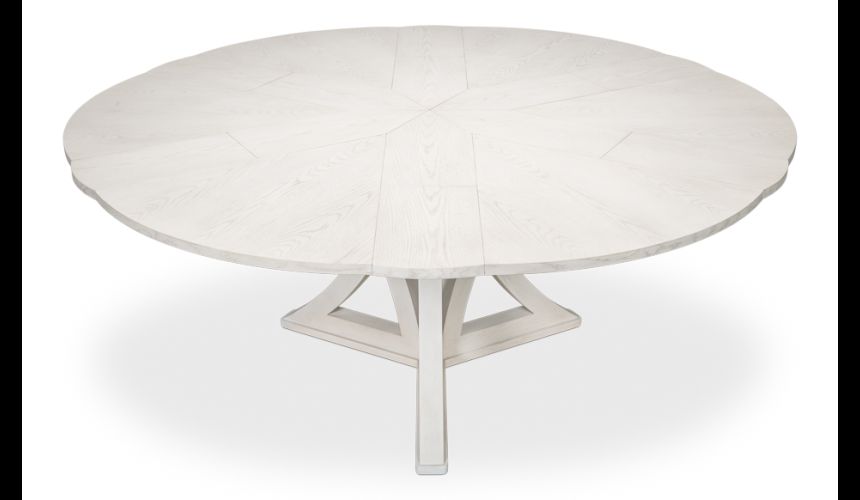 The Jupe table is a stunning combination of rustic and organic wood with a sleek geometric foundation finished in working white.