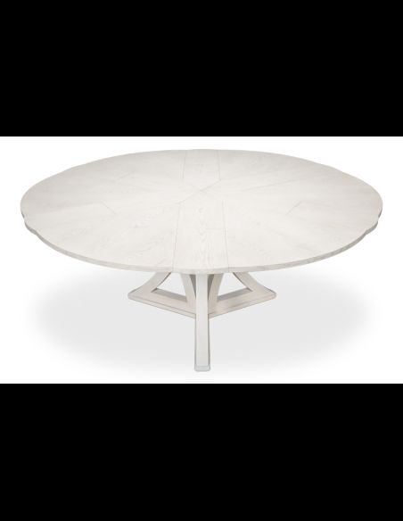 The Jupe table is a stunning combination of rustic and organic wood with a sleek geometric foundation finished in working white.