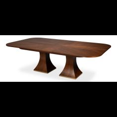 Rectangular expandable Jupe table with self-storing leaves.