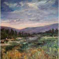 Landscape painting of mountains at dusk