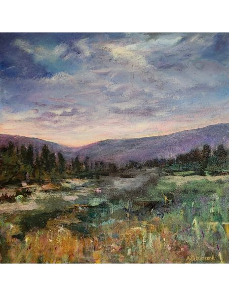 Landscape painting of mountains at dusk